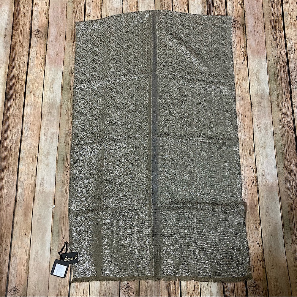 NWT Mona B metallic tan pyrite scarf 66” X 21” hand wash Hollywood Regency